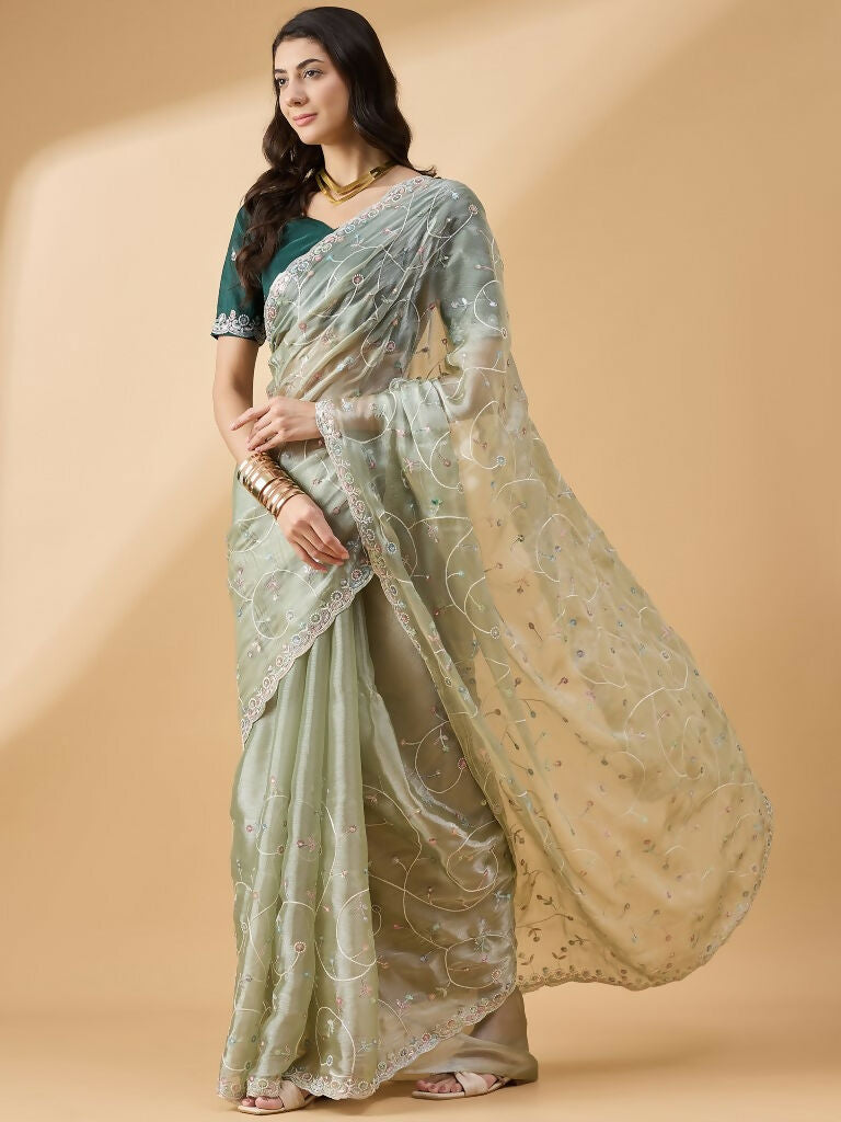Green Organza Sequence Embroidered Saree with Unstitched Blouse - Satya