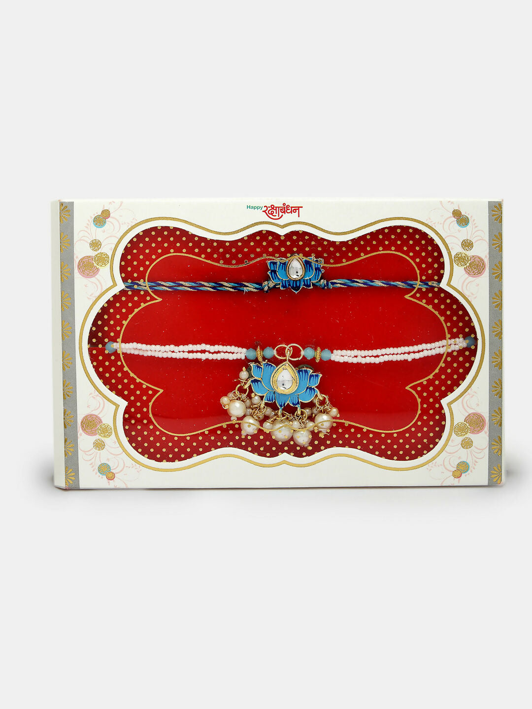 NVR Women & Men Set of 2 Blue Lotus Shape Kundan-Studded & Beaded Wraparound Rakhi Set With Roli Chawal & Chocolate