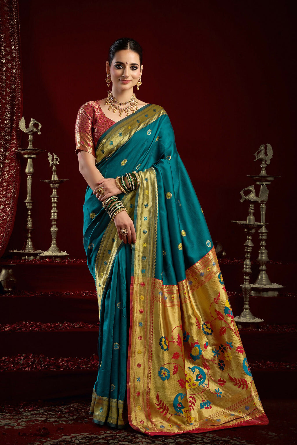 Joban Fashion Teal Paithani Silk Blend Butti Saree