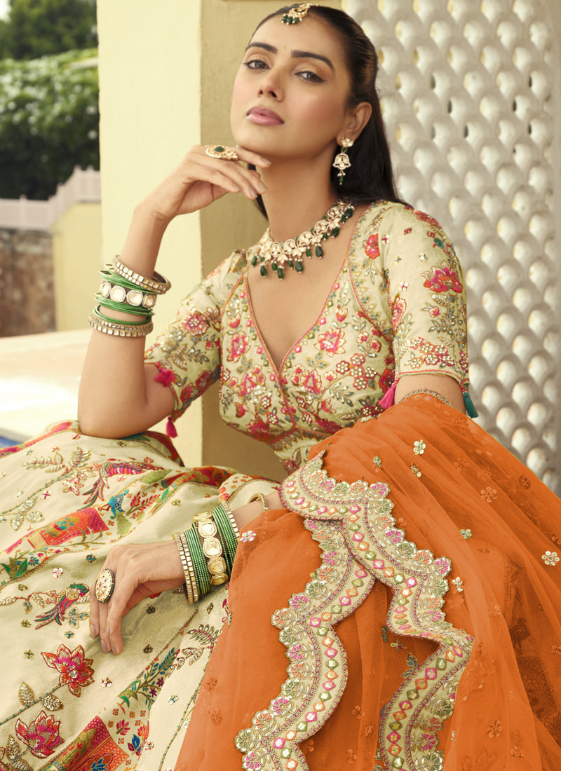 Vegaa Fashion Off White Silk Embroidered & Art Mirror Work Wedding Wear Lehenga Choli
