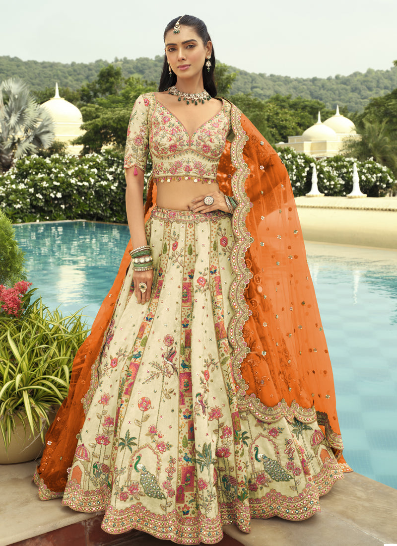 Vegaa Fashion Off White Silk Embroidered & Art Mirror Work Wedding Wear Lehenga Choli