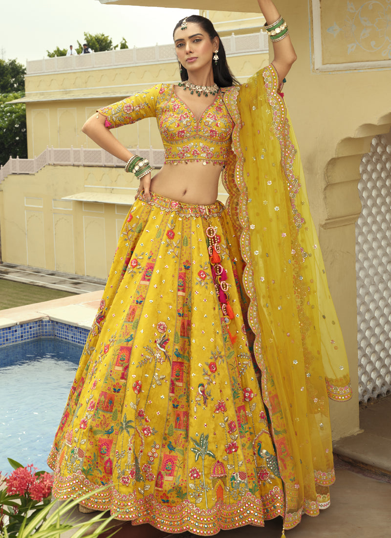 Vegaa Fashion Yellow Silk Embroidered & Art Mirror Work Wedding Wear Lehenga Choli