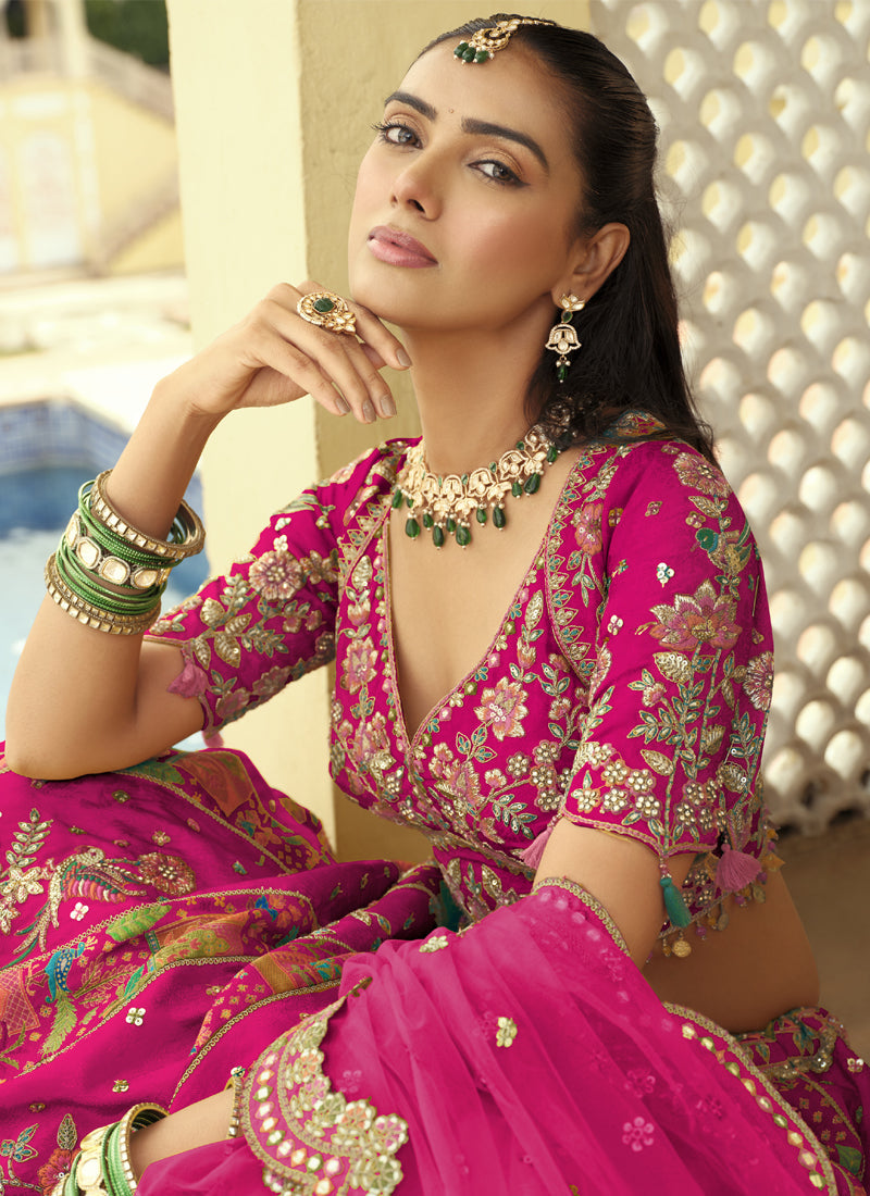 Vegaa Fashion Rani Pink Silk Embroidered & Art Mirror Work Wedding Wear Lehenga Choli