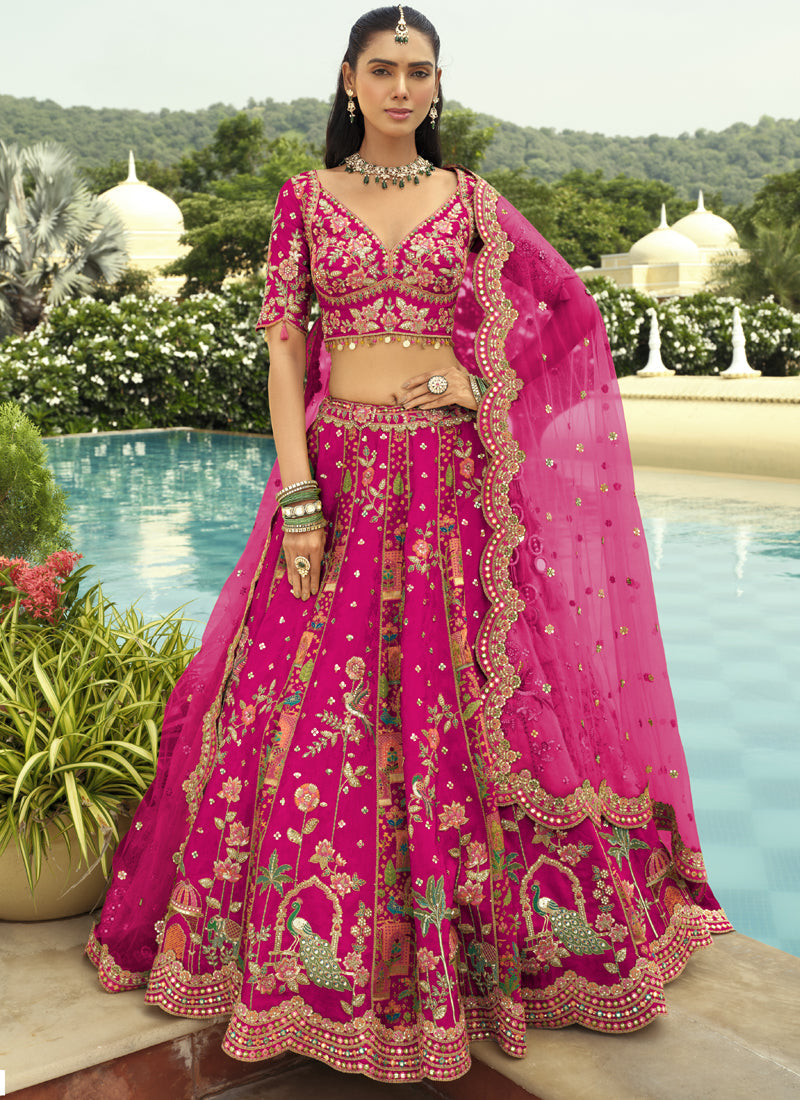 Vegaa Fashion Rani Pink Silk Embroidered & Art Mirror Work Wedding Wear Lehenga Choli