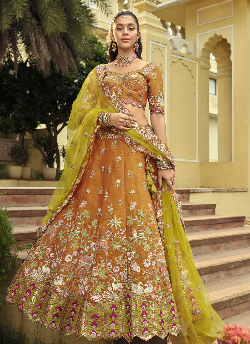 Vegaa Fashion Mustard Silk Embroidered & Art Mirror Work Wedding Wear Lehenga Choli