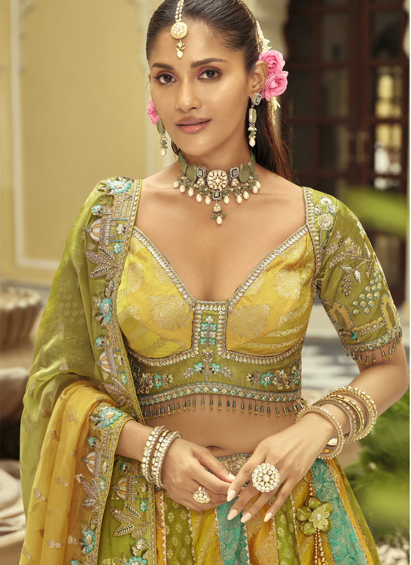 Vegaa Fashion Yellow Silk Embroidered & Art Mirror Work Wedding Wear Lehenga Choli