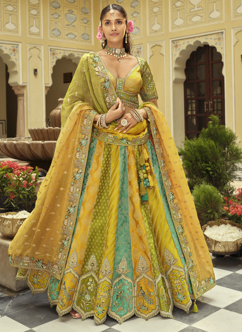 Vegaa Fashion Yellow Silk Embroidered & Art Mirror Work Wedding Wear Lehenga Choli