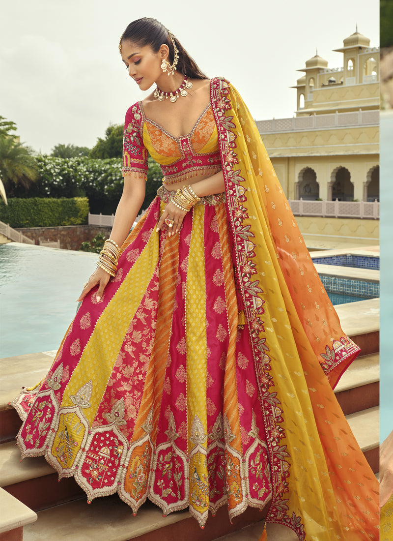 Vegaa Fashion Multi Color Silk Embroidered & Art Mirror Work Wedding Wear Lehenga Choli