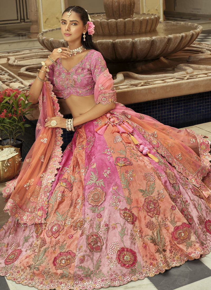 Vegaa Fashion Peach Silk Embroidered & Art Mirror Work Wedding Wear Lehenga Choli