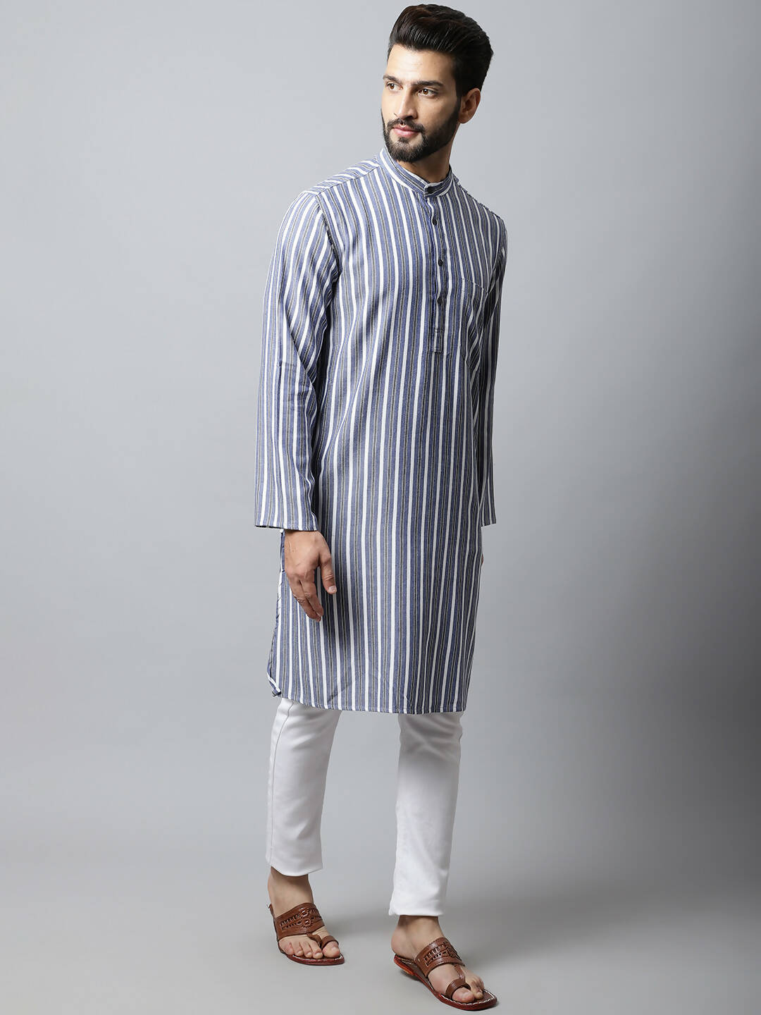 Even Apparels Blue Color Pure Cotton Men's Kurta With Band Collar (STR1168)