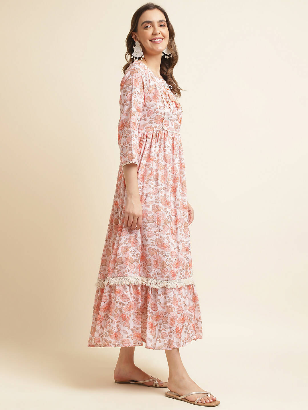 Orange Linen Floral Printed Fit & Flare Dress - Yukti