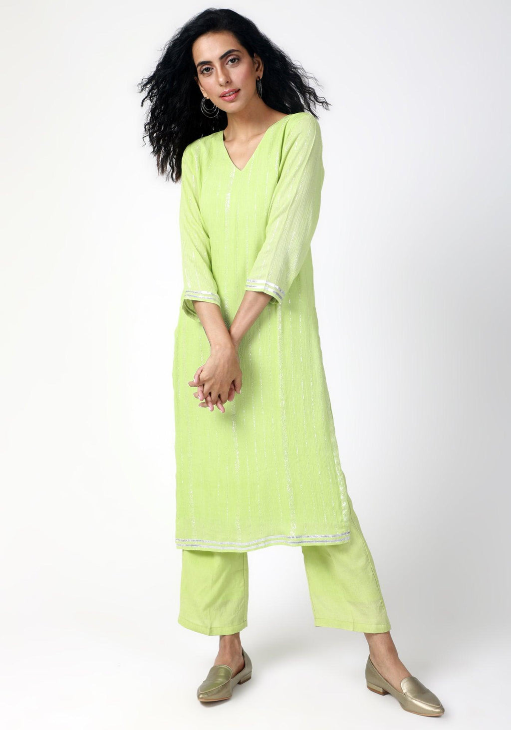 trueBrowns Green Gota Slit Kurta-Pant