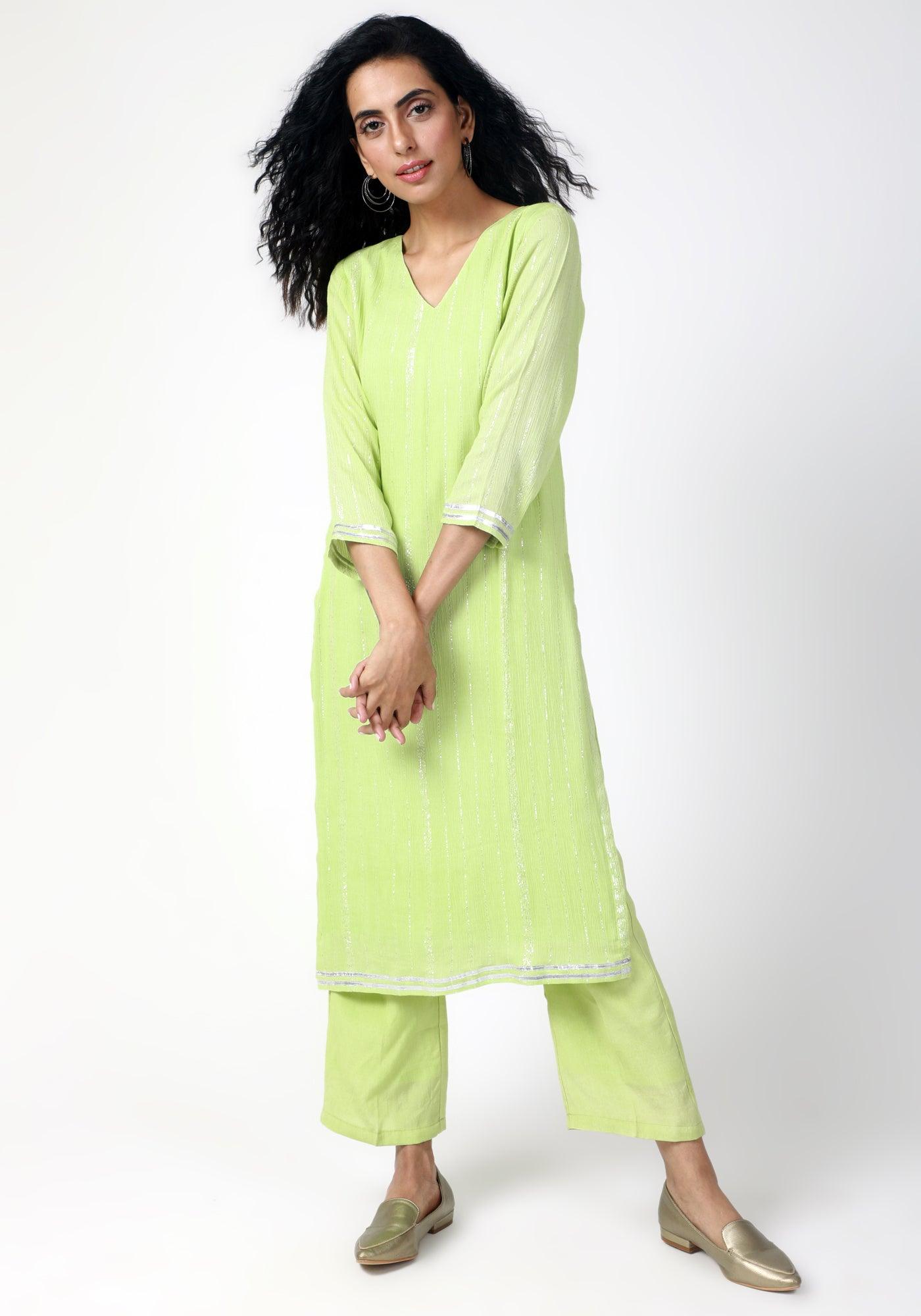 trueBrowns Green Gota Slit Kurta-Pant