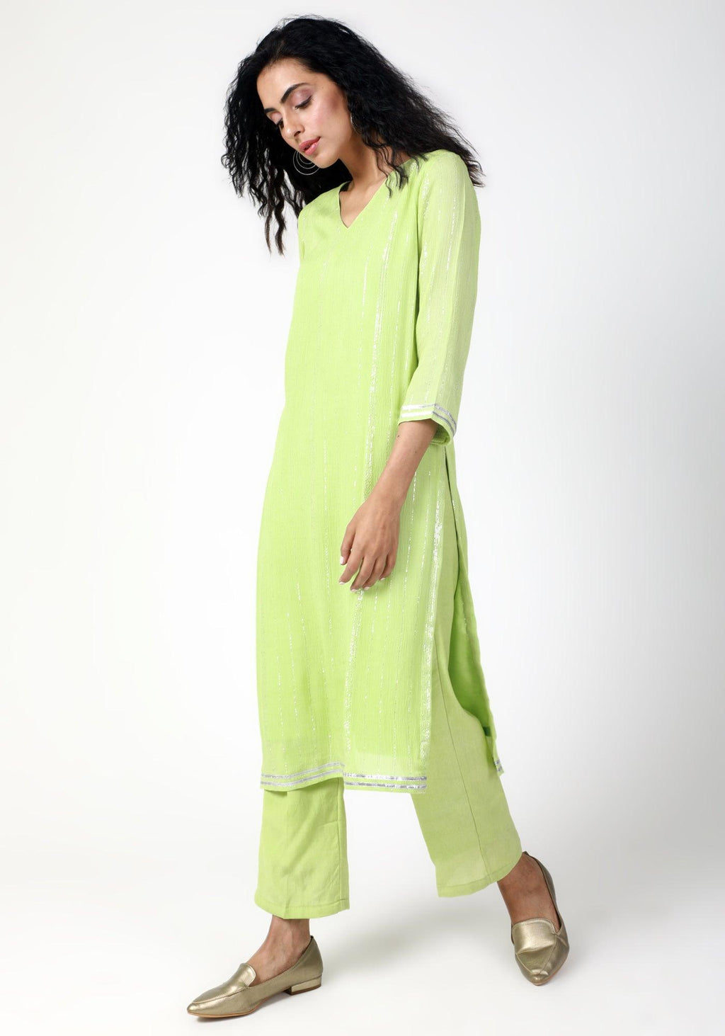 trueBrowns Green Gota Slit Kurta-Pant