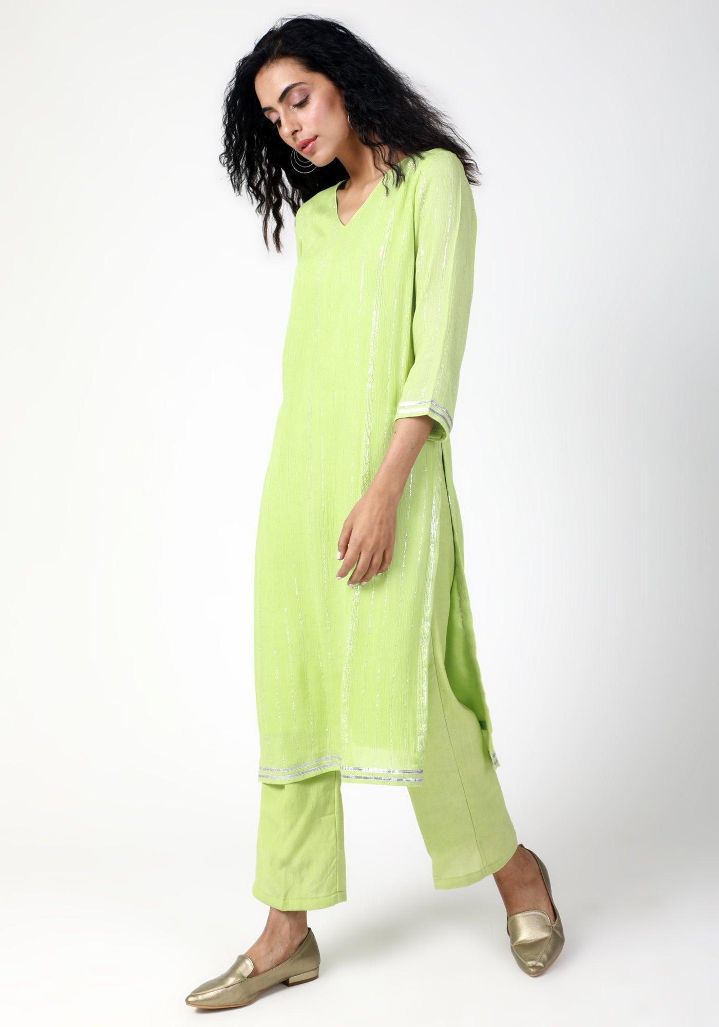 trueBrowns Green Gota Slit Kurta-Pant