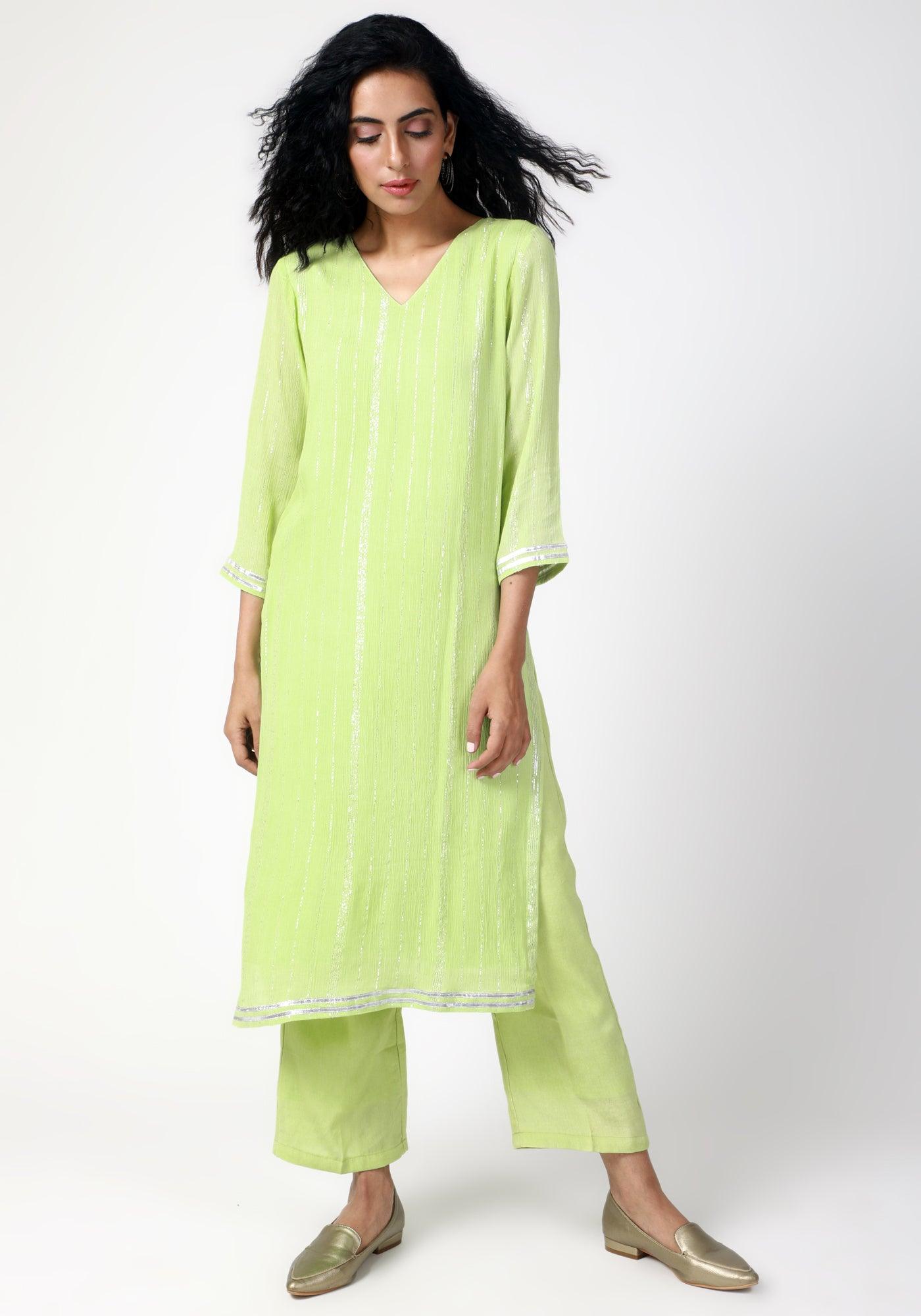 trueBrowns Green Gota Slit Kurta-Pant
