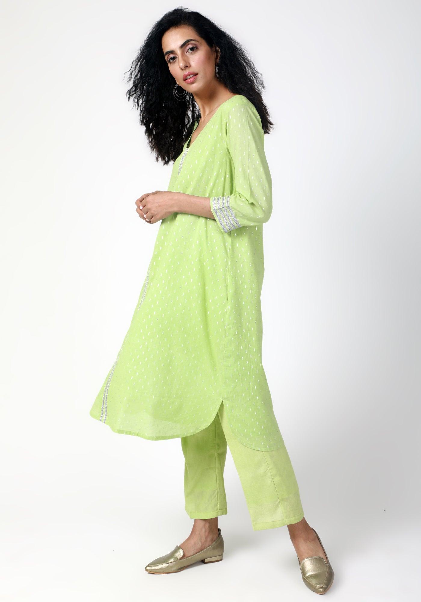 trueBrowns Green Silver Laced Kurta-Pant