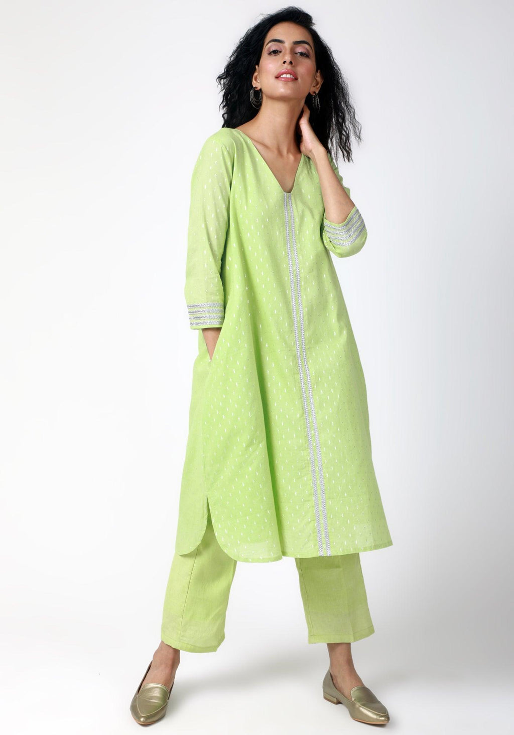 trueBrowns Green Silver Laced Kurta-Pant