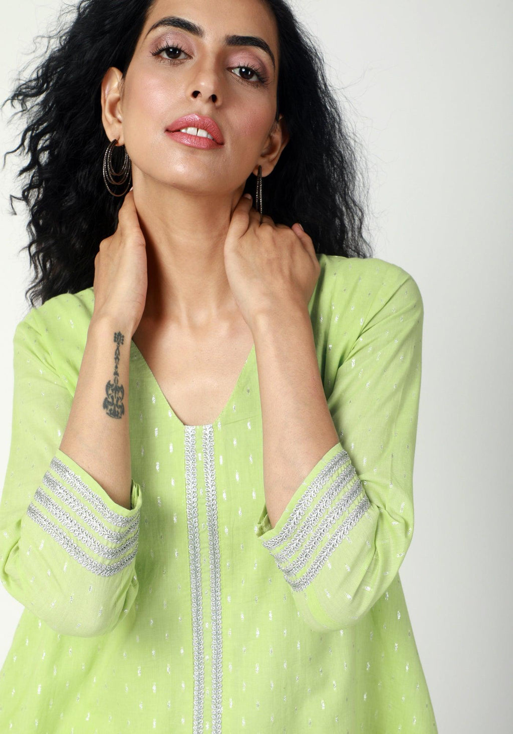 trueBrowns Green Silver Laced Kurta-Pant