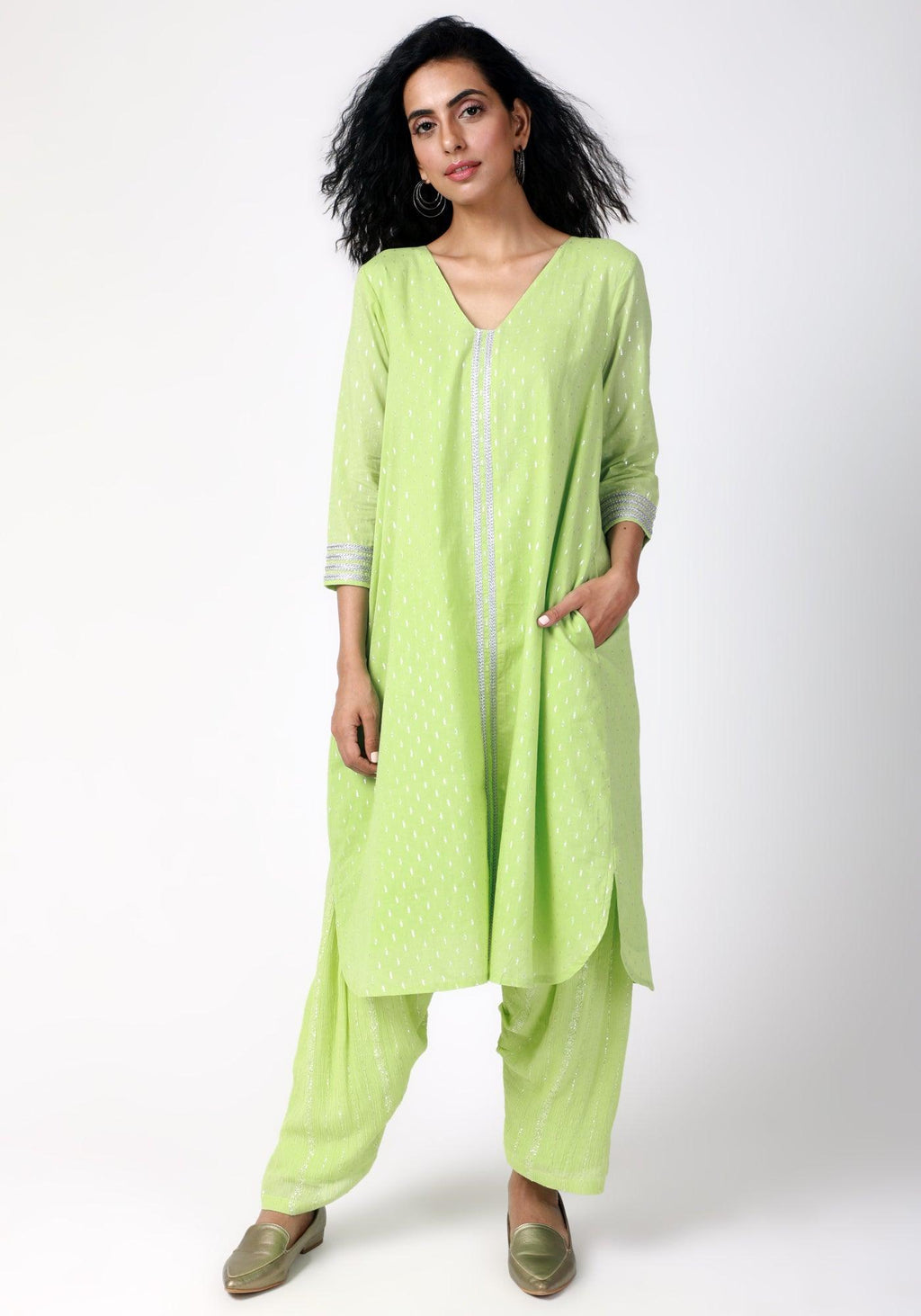 trueBrowns Green Silver Laced Kurta- Ruffled Pant
