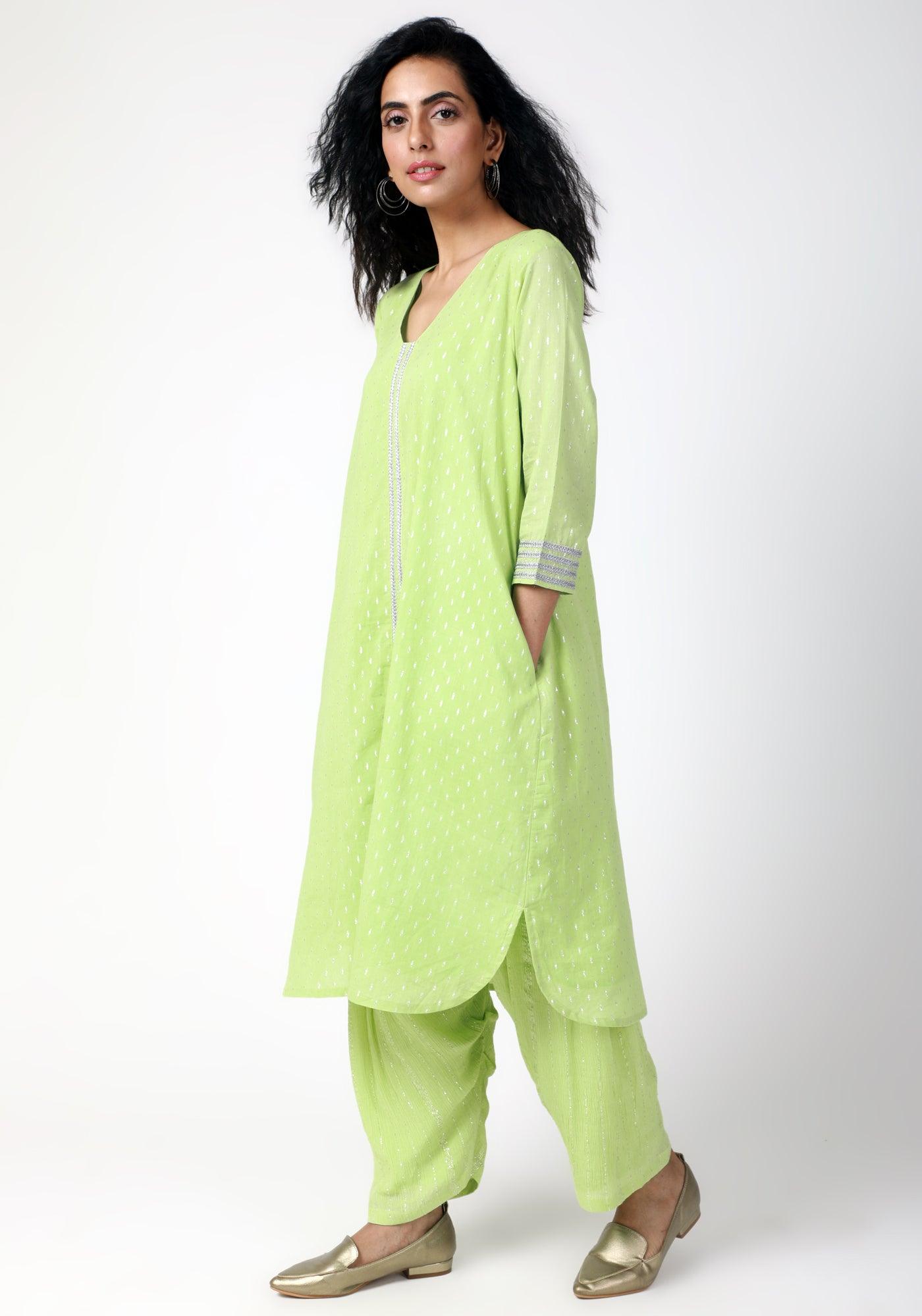 trueBrowns Green Silver Laced Kurta- Ruffled Pant