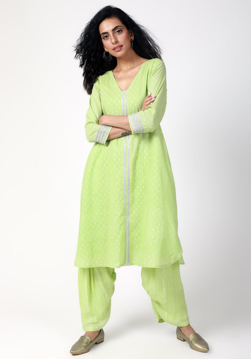 trueBrowns Green Silver Laced Kurta- Ruffled Pant