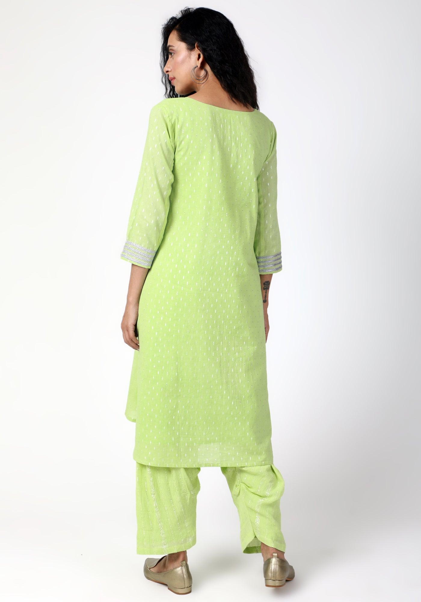 trueBrowns Green Silver Laced Kurta- Ruffled Pant