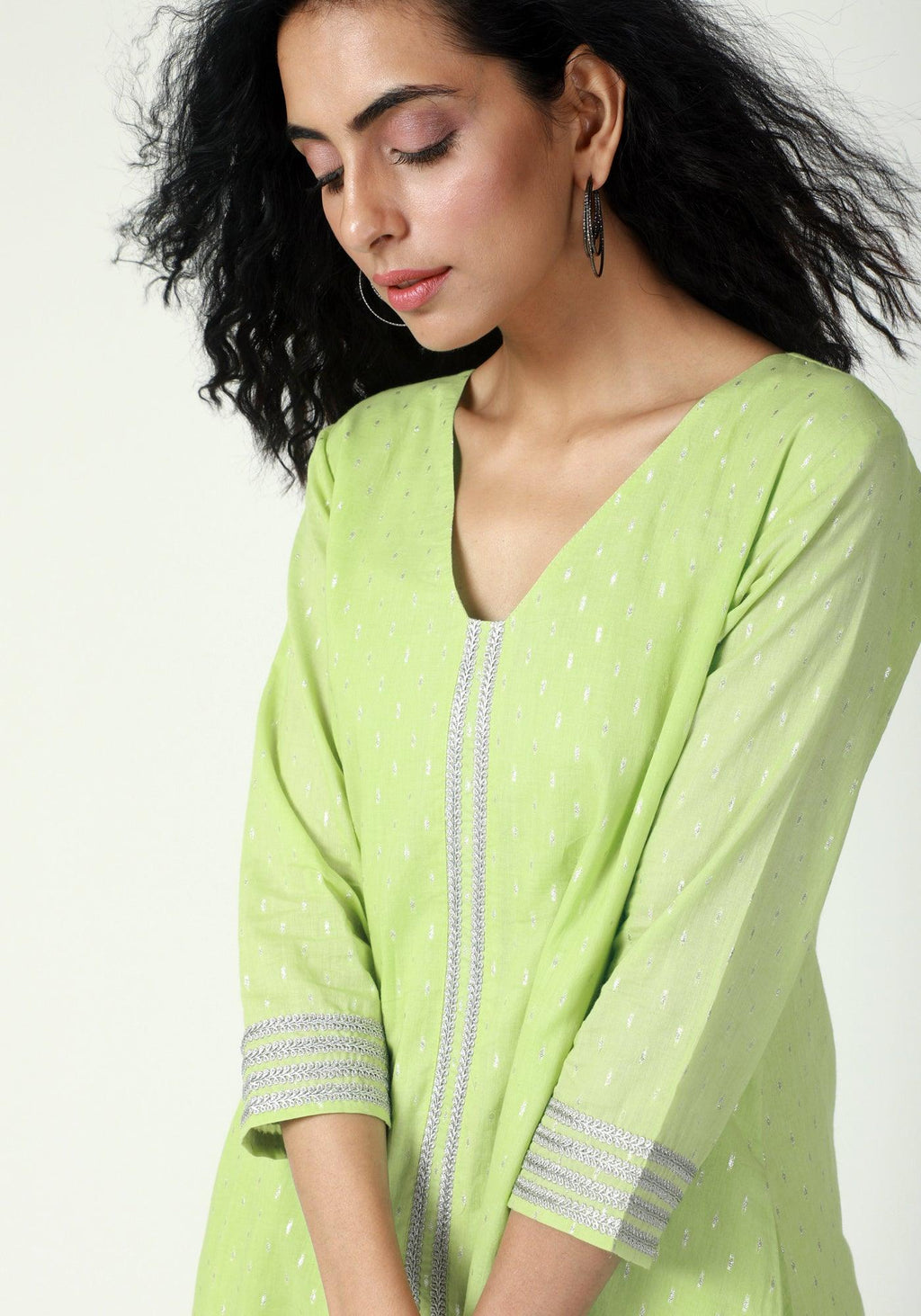trueBrowns Green Silver Laced Kurta- Ruffled Pant