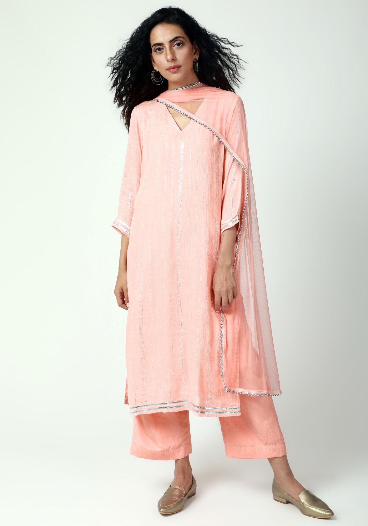 trueBrowns Peach Gota Slit Kurta-Pant-Dupatta