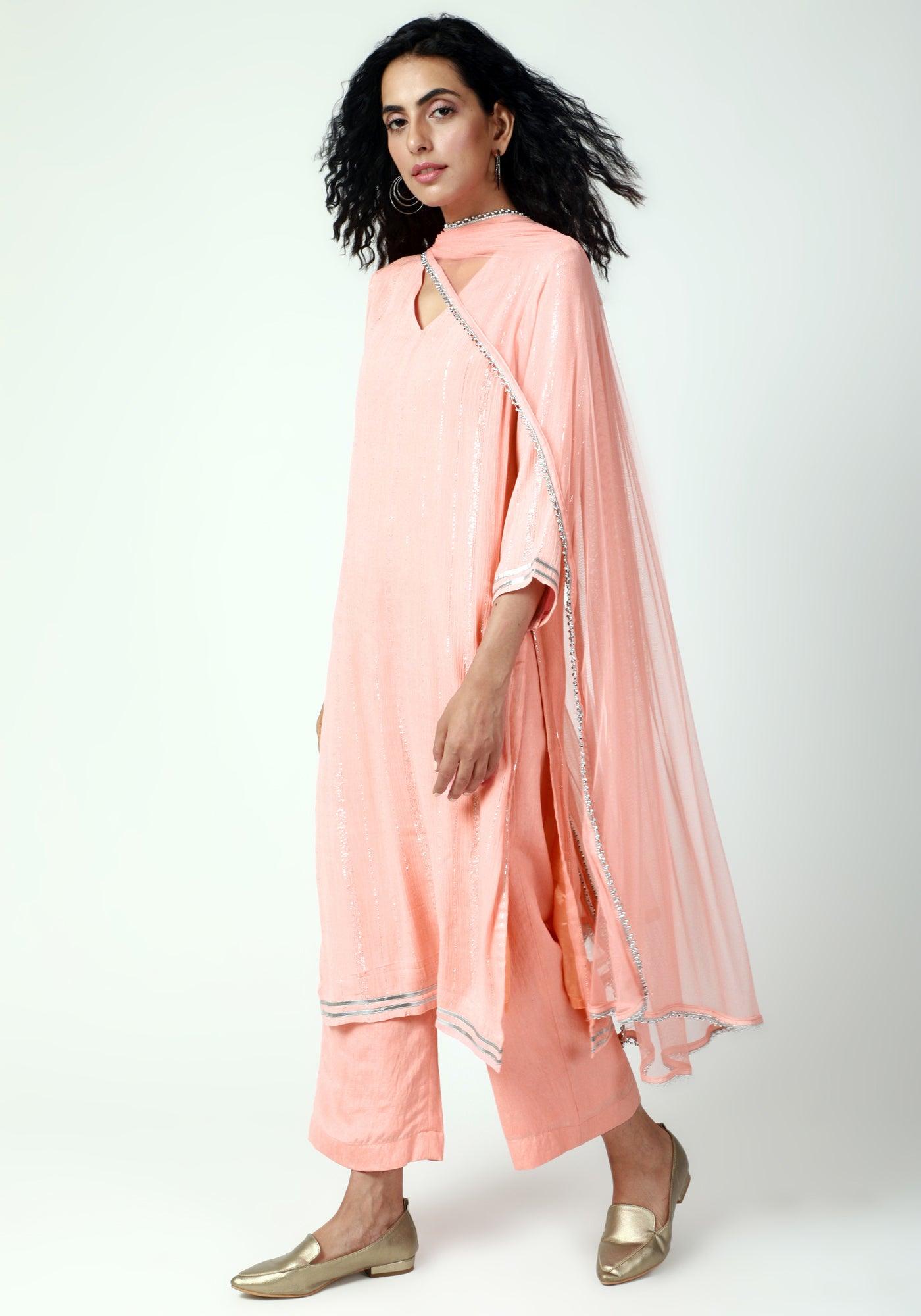 trueBrowns Peach Gota Slit Kurta-Pant-Dupatta