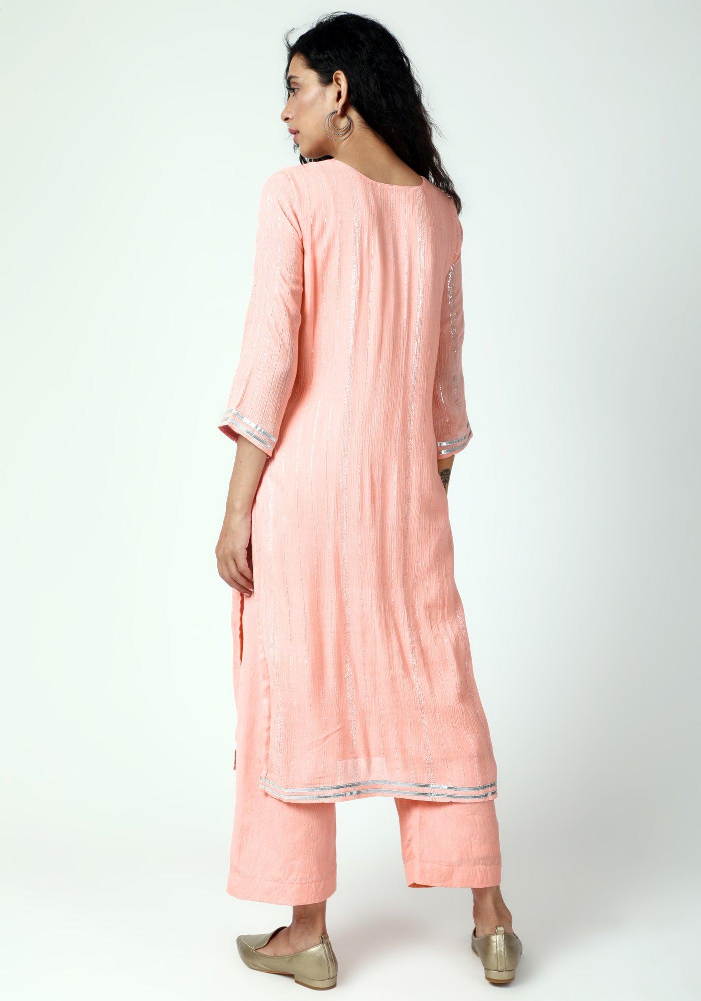 trueBrowns Peach Gota Slit Kurta-Pant-Dupatta