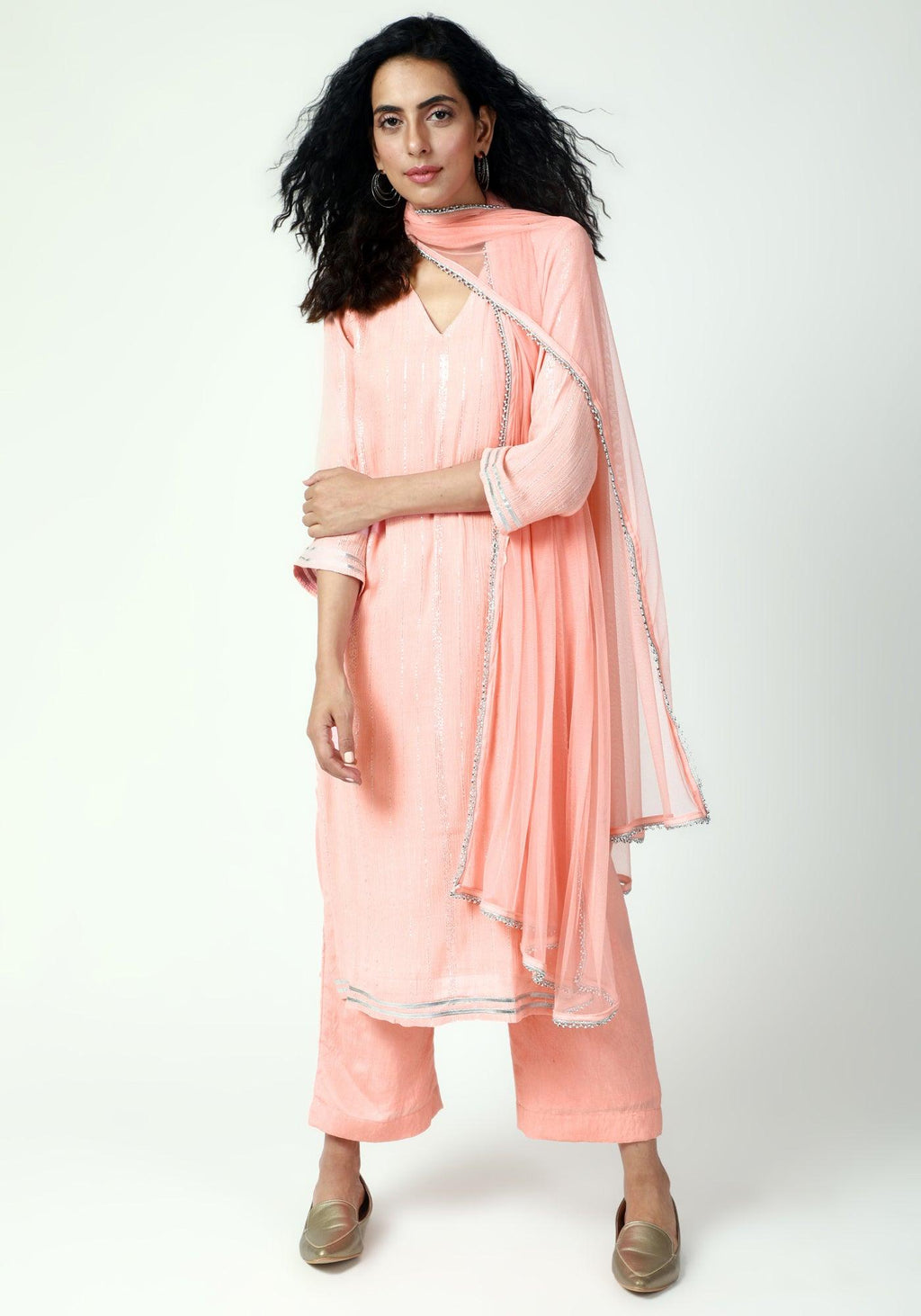 trueBrowns Peach Gota Slit Kurta-Pant-Dupatta