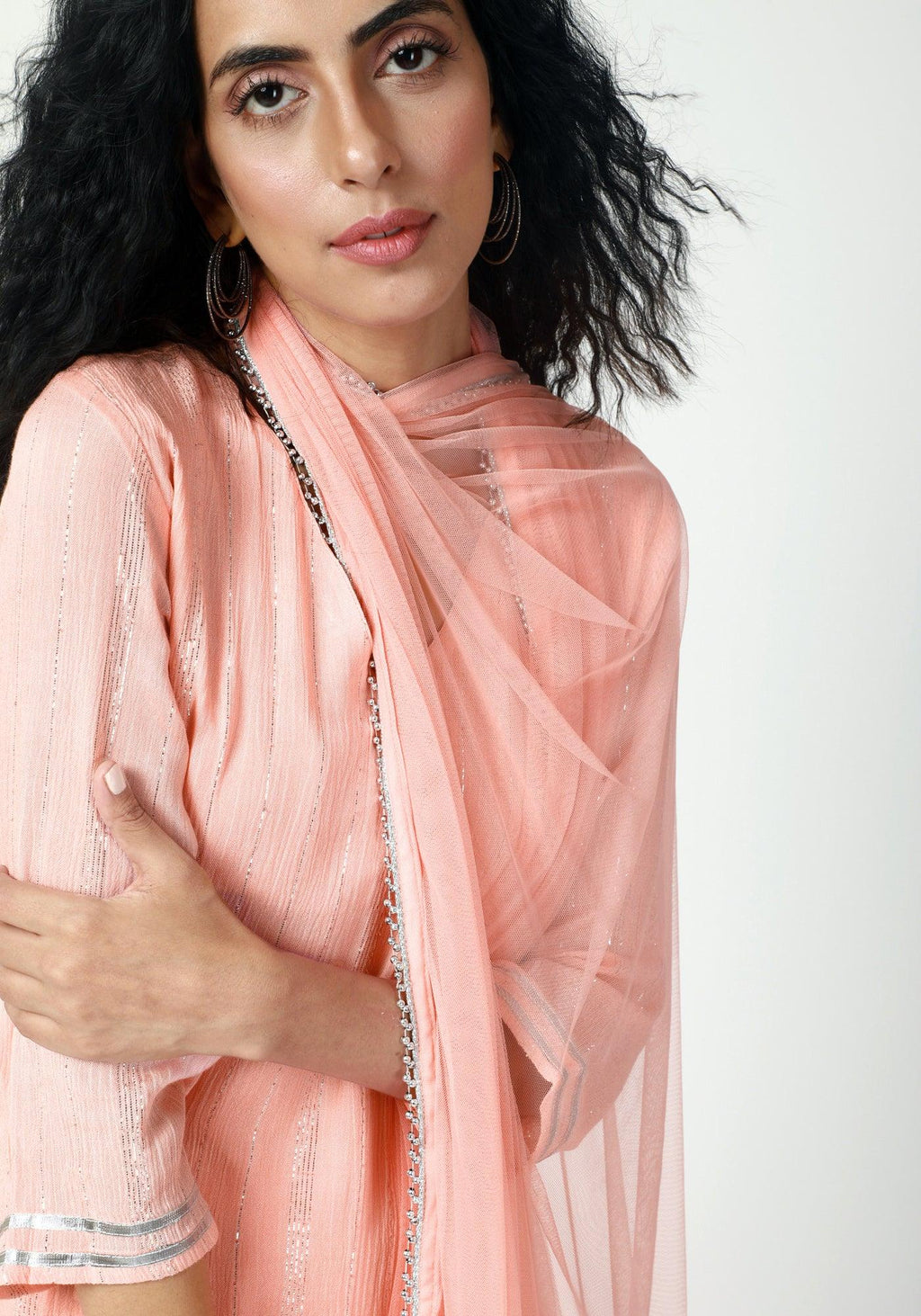 trueBrowns Peach Gota Slit Kurta-Pant-Dupatta