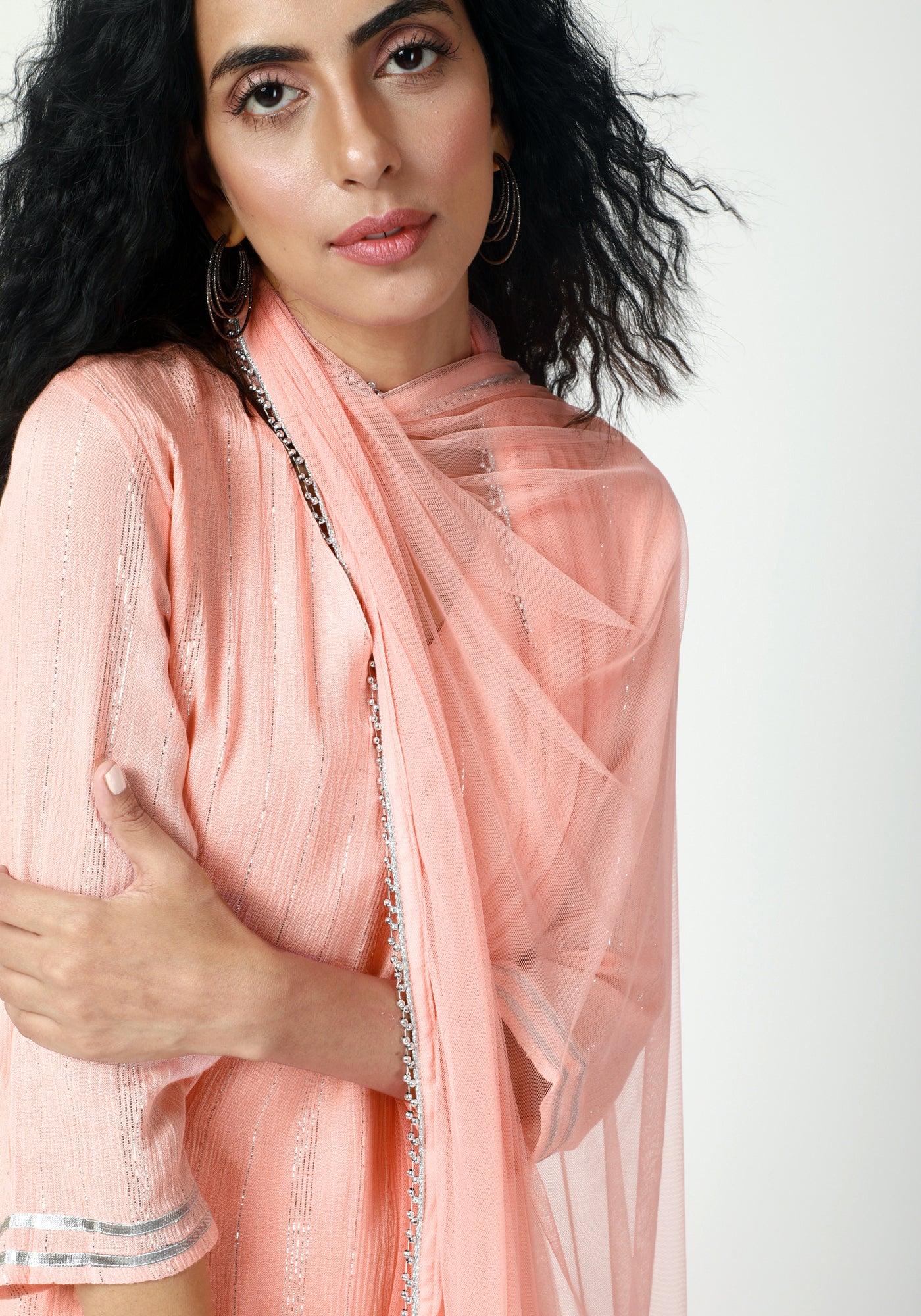 trueBrowns Peach Gota Slit Kurta-Pant-Dupatta