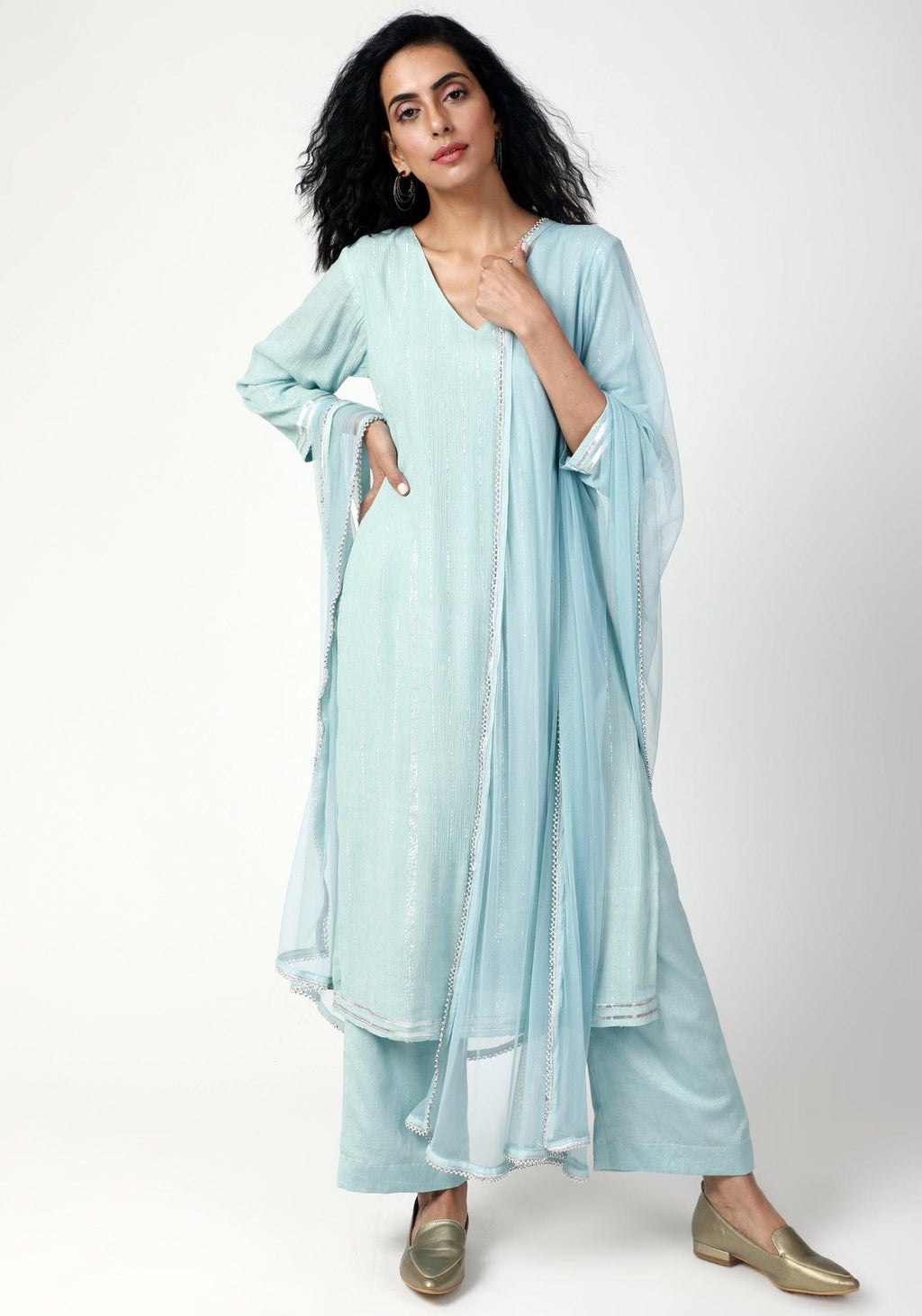 trueBrowns Blue Gota Slit Kurta-Pant-Dupatta