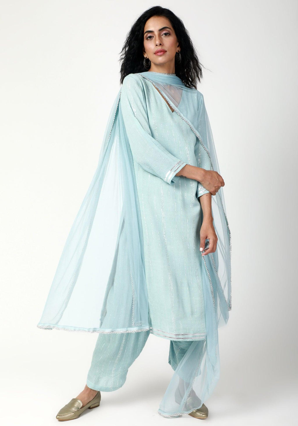trueBrowns Blue Gota Slit Kurta-Ruffled Pant-Dupatta
