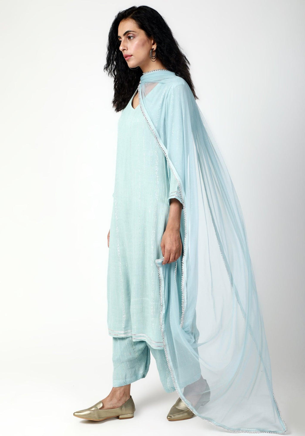 trueBrowns Blue Gota Slit Kurta-Ruffled Pant-Dupatta