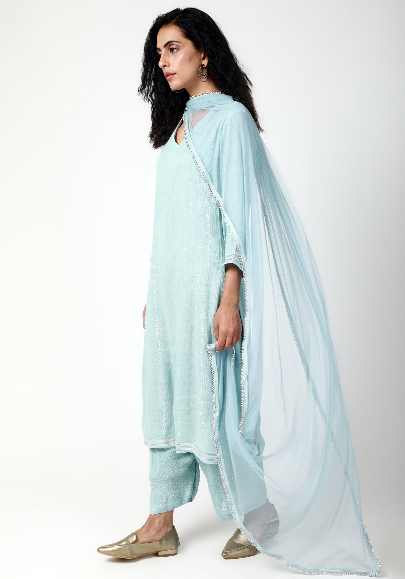 trueBrowns Blue Gota Slit Kurta-Ruffled Pant-Dupatta