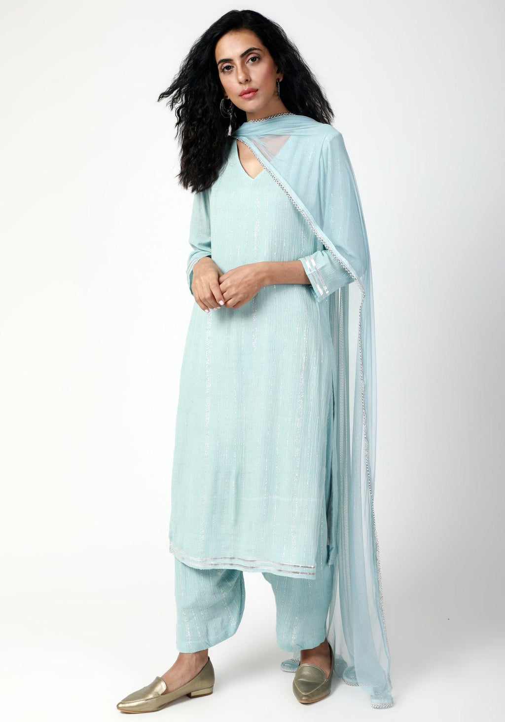 trueBrowns Blue Gota Slit Kurta-Ruffled Pant