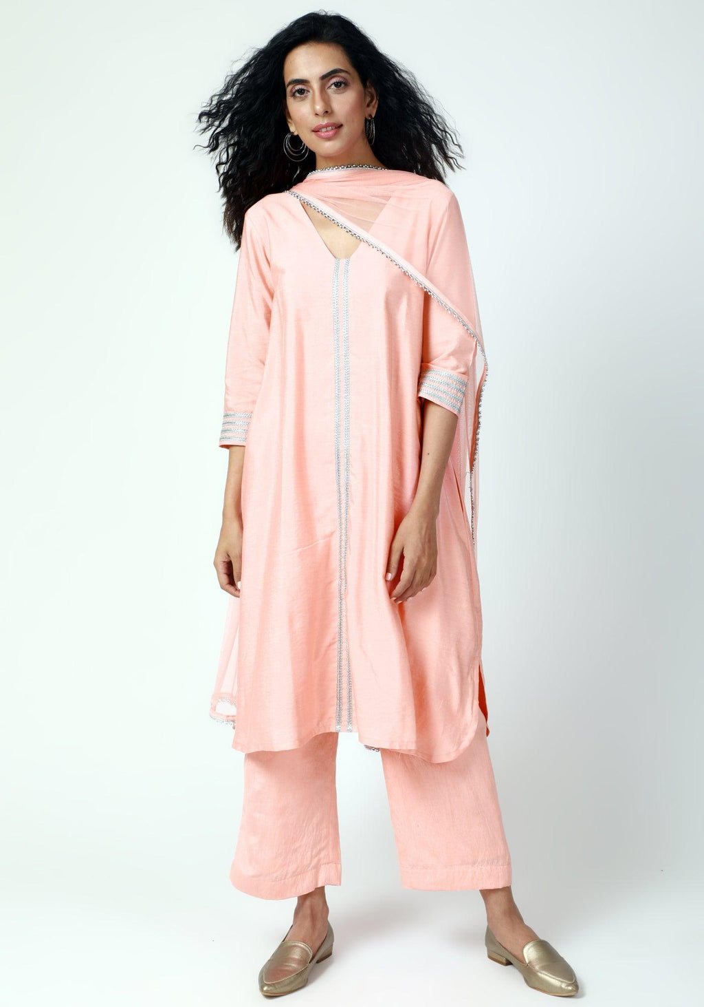 trueBrowns Peach Laced Kurta-Pant-Dupatta