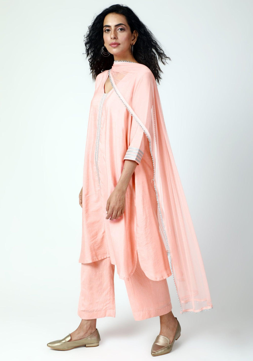 trueBrowns Peach Laced Kurta-Pant-Dupatta