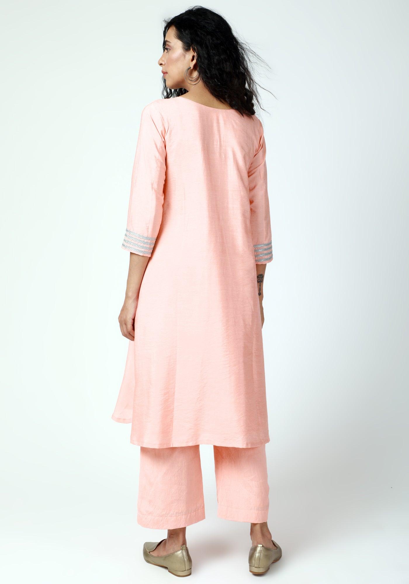 trueBrowns Peach Laced Kurta-Pant-Dupatta