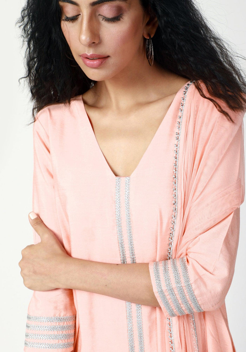 trueBrowns Peach Laced Kurta-Pant-Dupatta