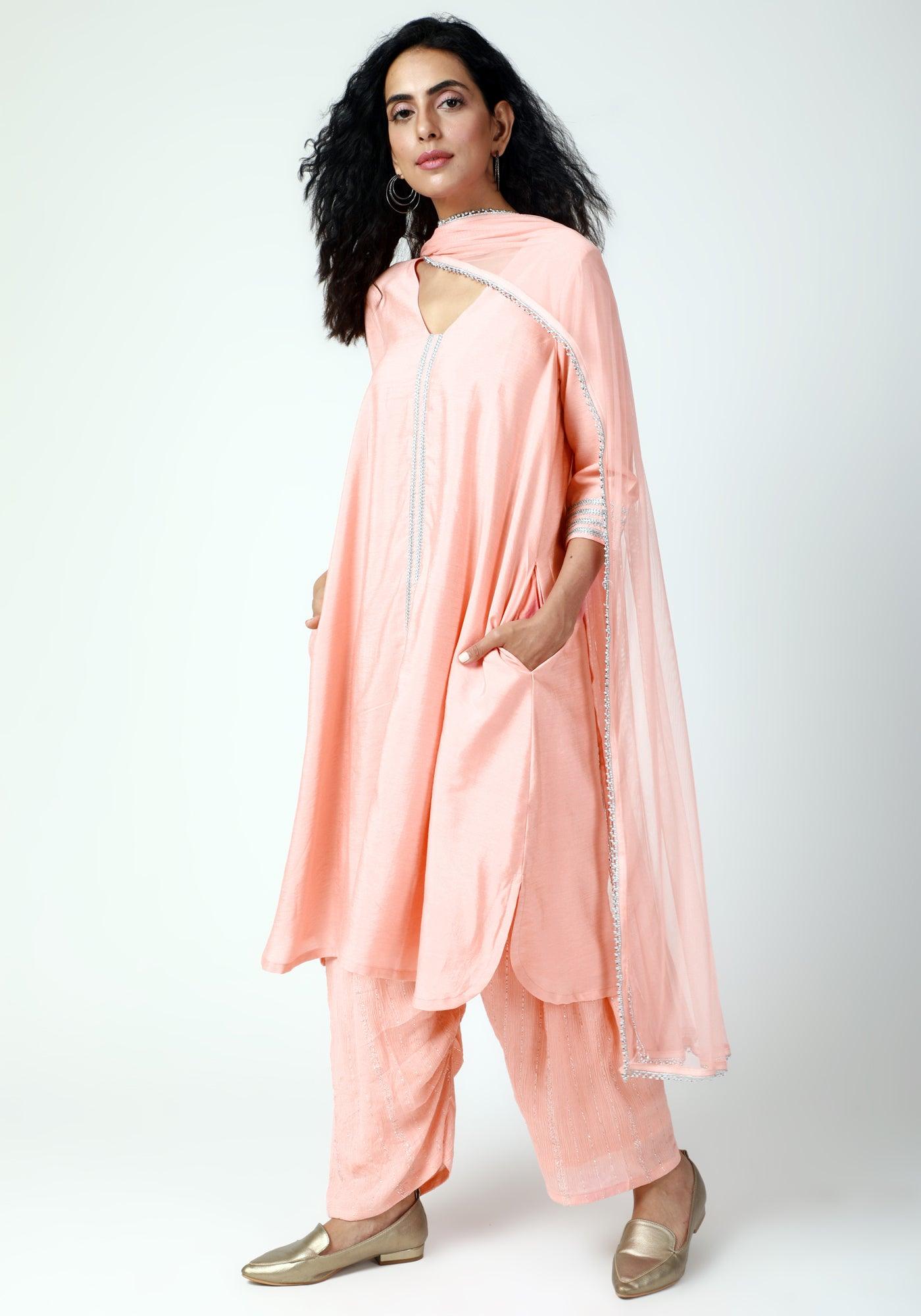 trueBrowns Peach Laced Kurta-Ruffled Pant-Dupatta