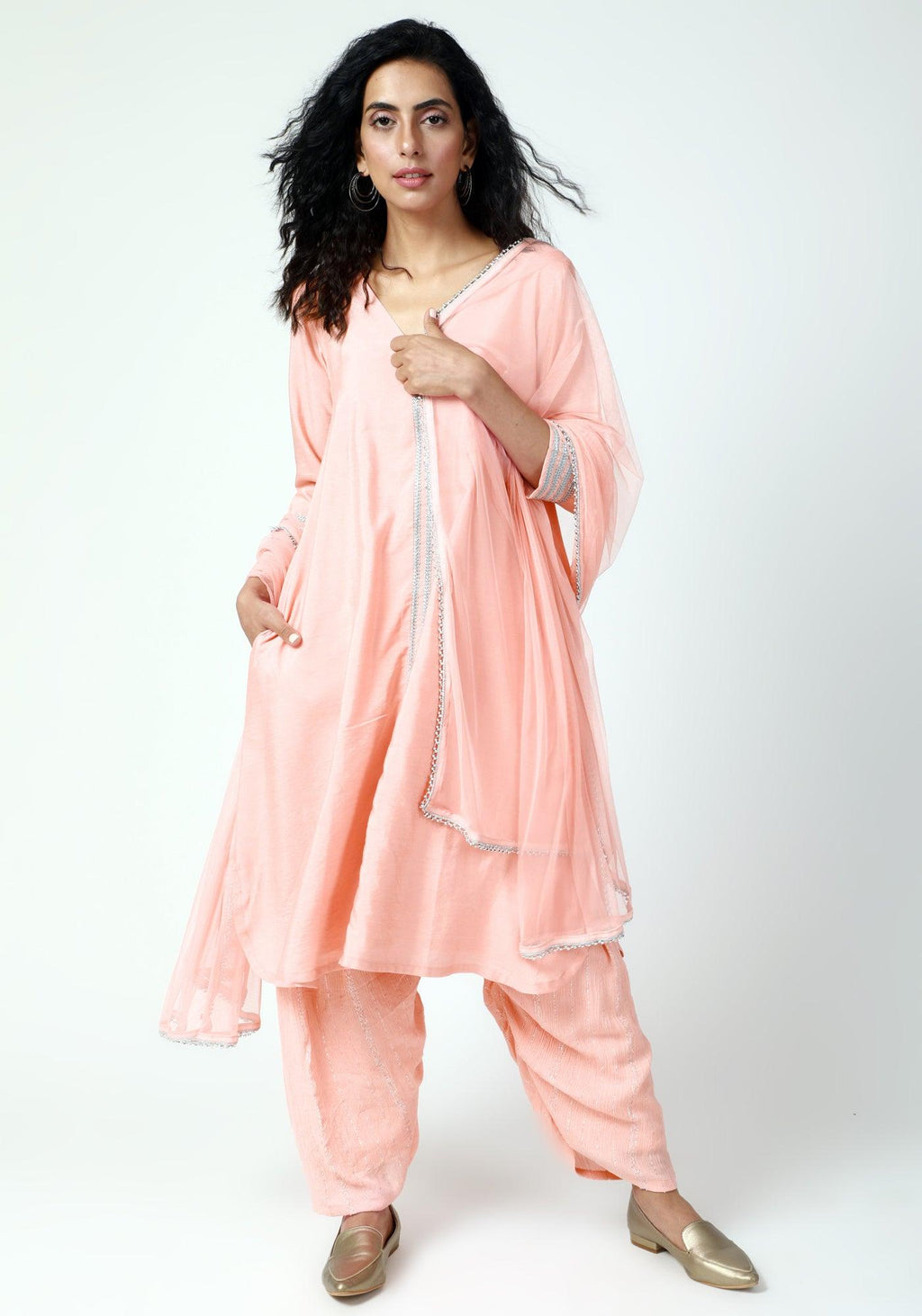 trueBrowns Peach Laced Kurta-Ruffled Pant-Dupatta