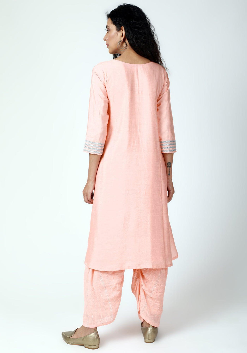 trueBrowns Peach Laced Kurta-Ruffled Pant-Dupatta