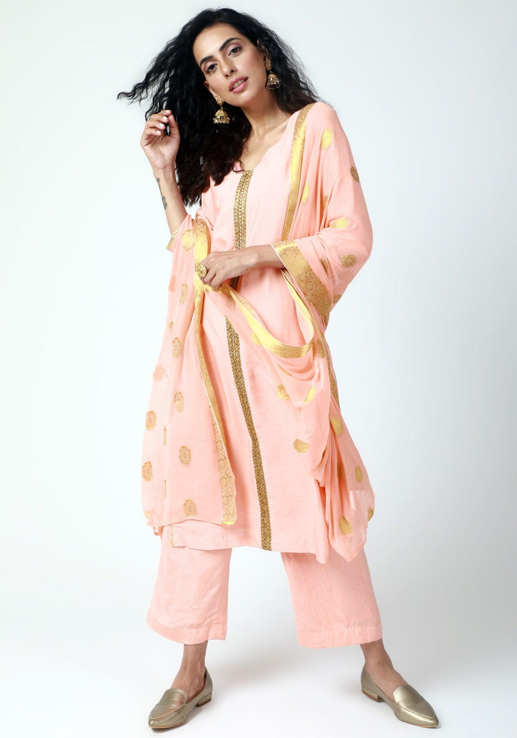 trueBrowns Peach Gota Kurta-Pant-Dupatta