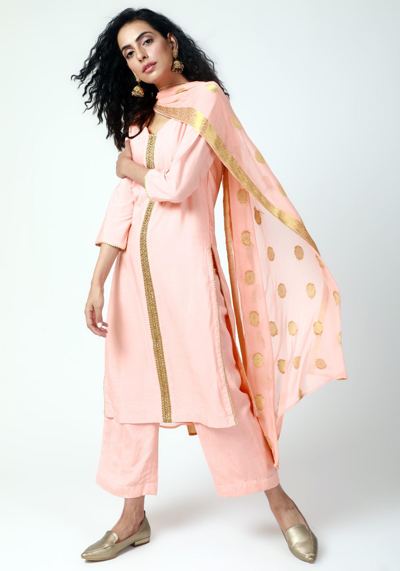 trueBrowns Peach Gota Kurta-Pant-Dupatta
