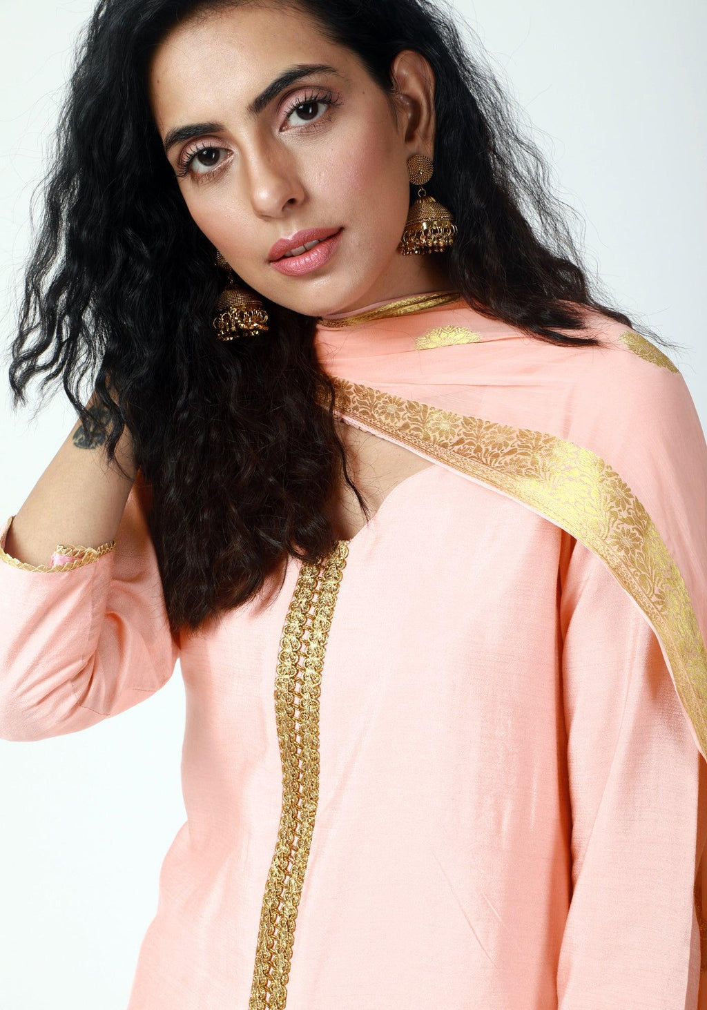 trueBrowns Peach Gota Kurta-Pant-Dupatta