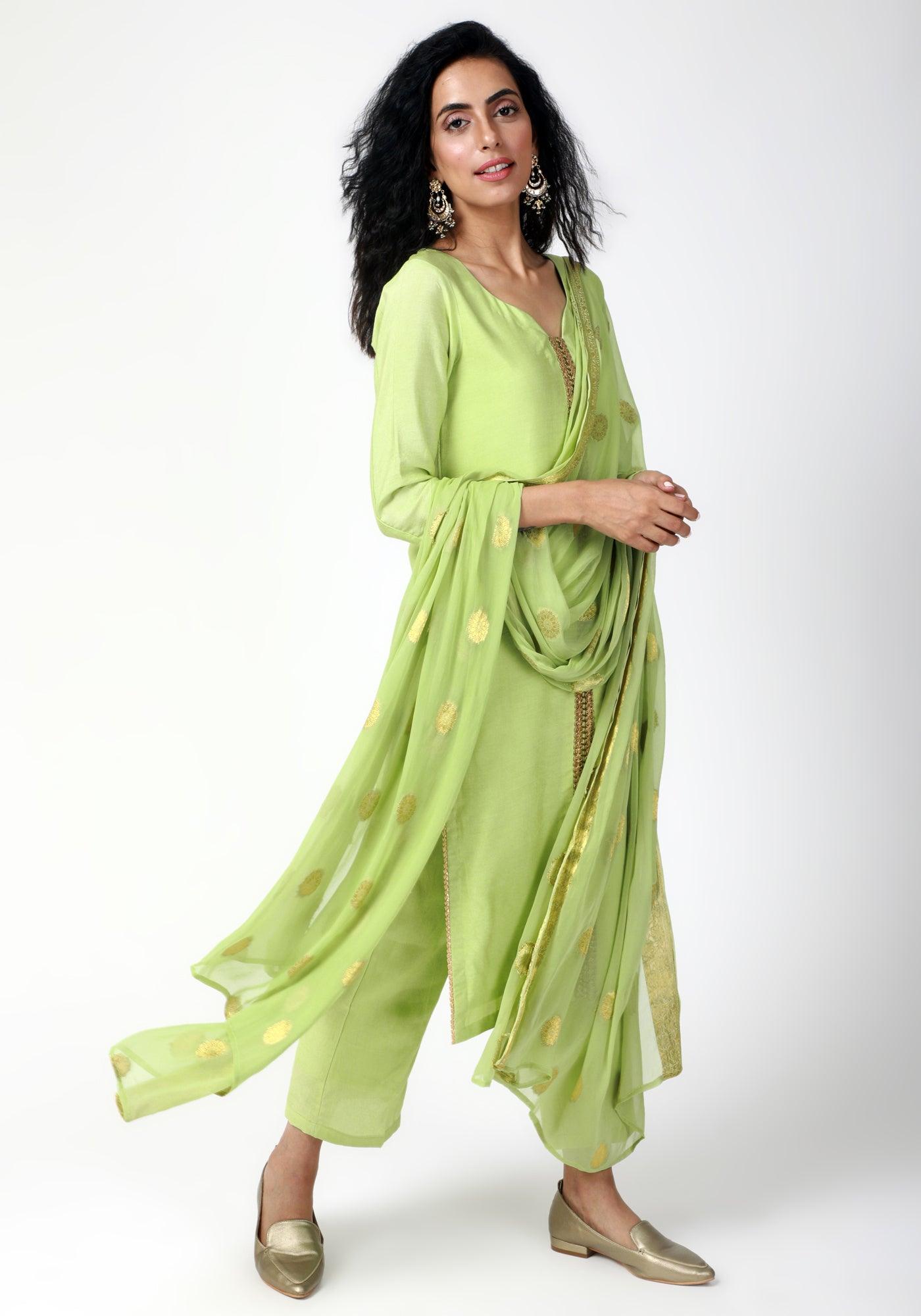 trueBrowns Green Gota Kurta-Pant-Dupatta